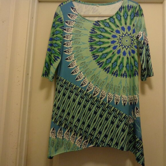 TRIBAL JUNGLE IN GREEN PRINT MINI KNIT DRESS L - Picture 6 of 7